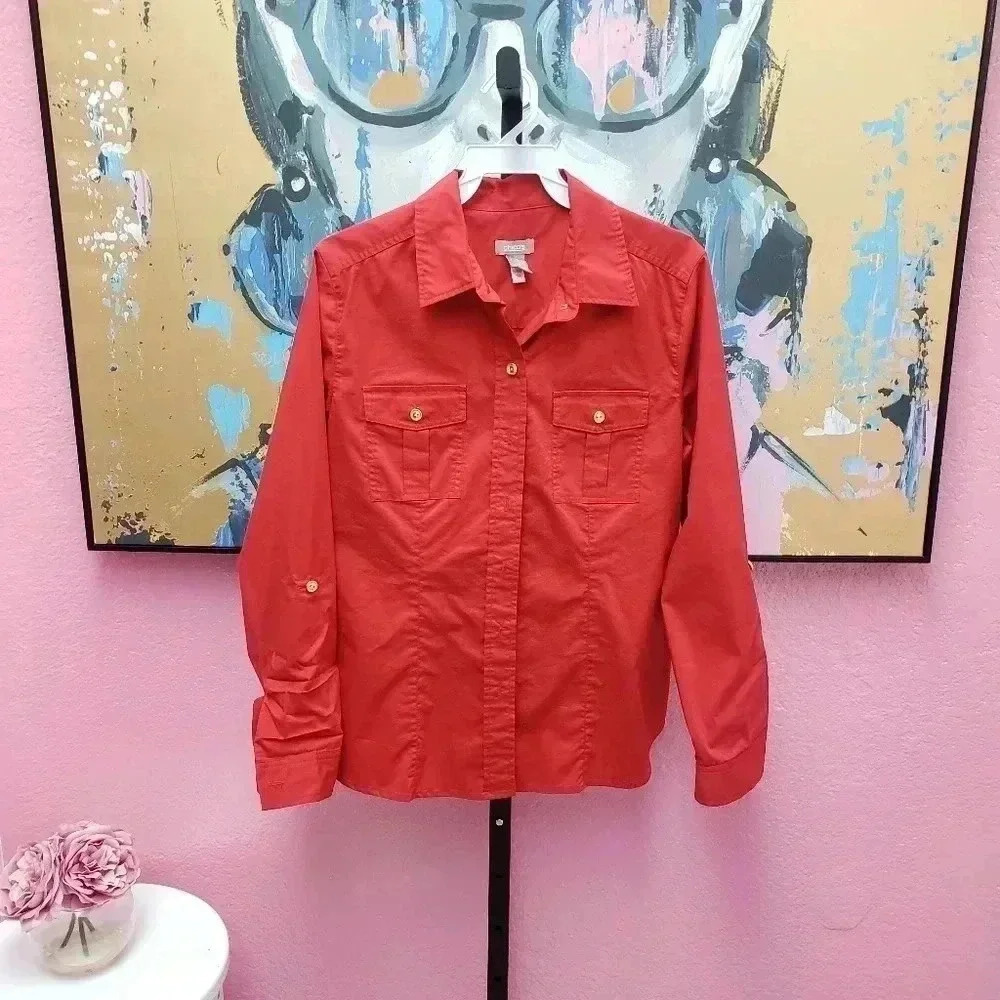 Chico's Red Button Up Shirt with Gold Buttons